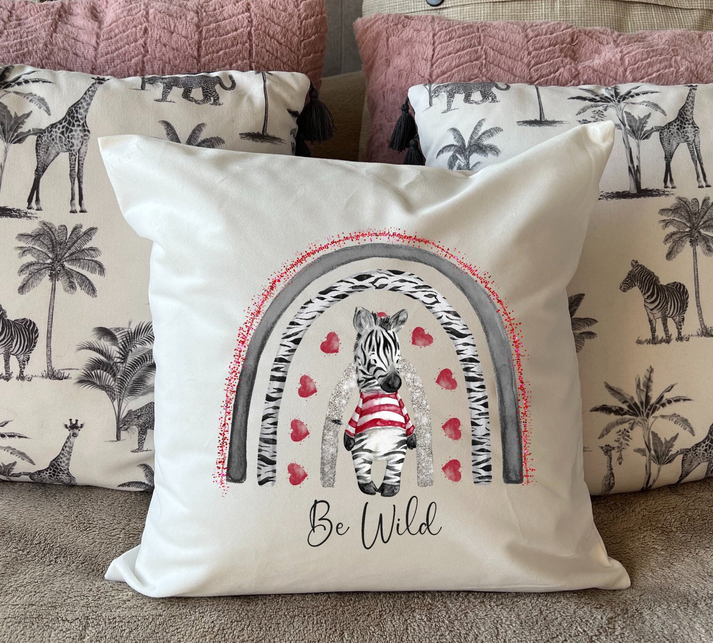 Hand Printed 'Be Wild' Zebra plush white deluxe 'soft feel' scatter cushion. ( 40x40cm )