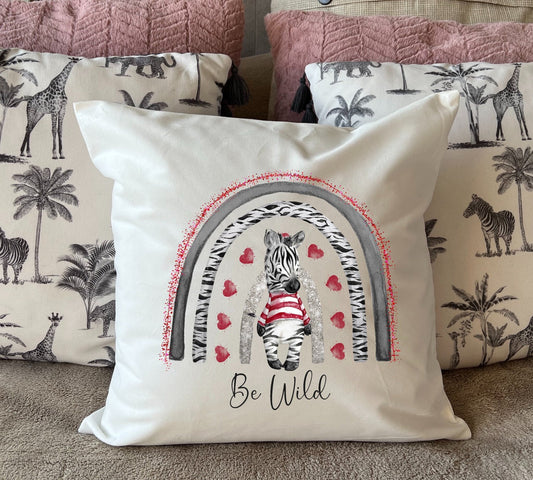 Hand Printed 'Be Wild' Zebra plush white deluxe 'soft feel' scatter cushion. ( 40x40cm )