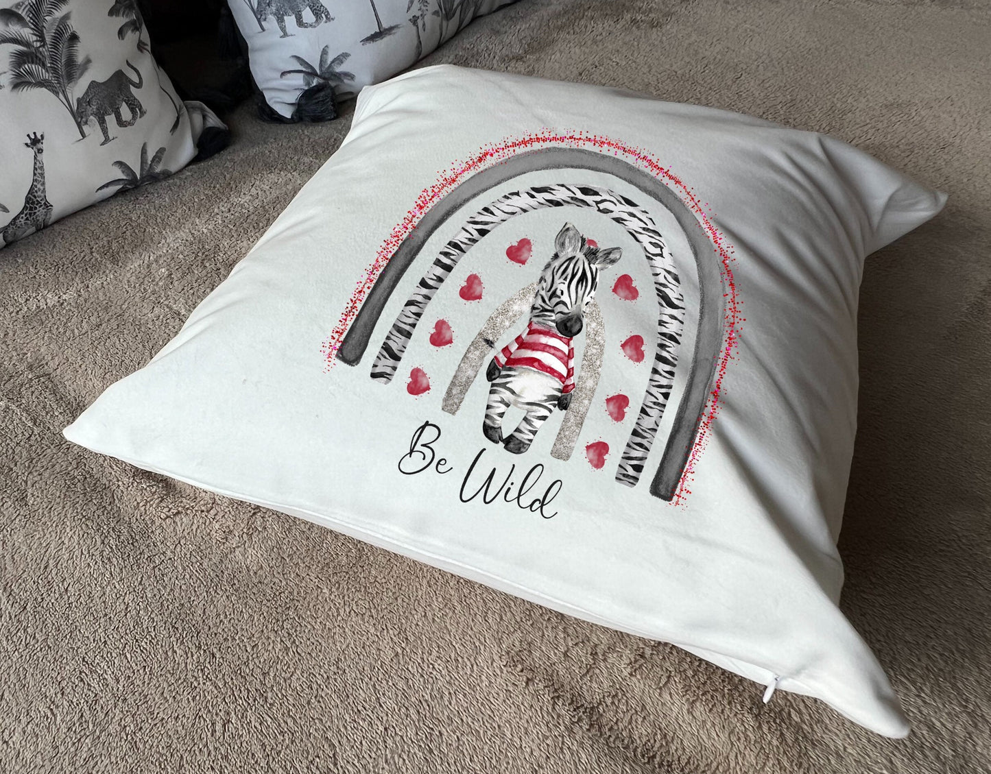 Hand Printed 'Be Wild' Zebra plush white deluxe 'soft feel' scatter cushion. ( 40x40cm )