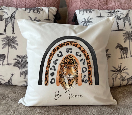 Hand Printed 'Be Fierce' Leopard plush white deluxe 'soft feel' scatter cushion. ( 40x40cm )