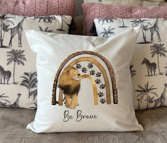 Lion 'Be Brave' plush white deluxe scatter cushion.  Available with inner (UK)