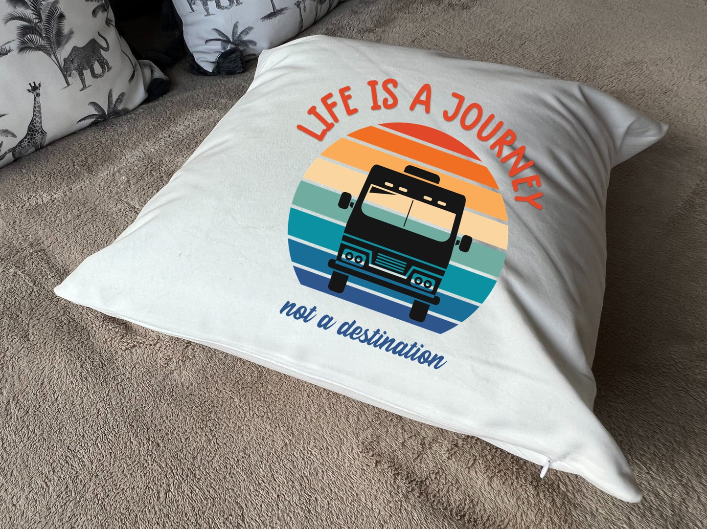 Life is a Journey, not a destination Motorhome, Camper-van or Caravan plush white deluxe 'soft feel' scatter cushion.
