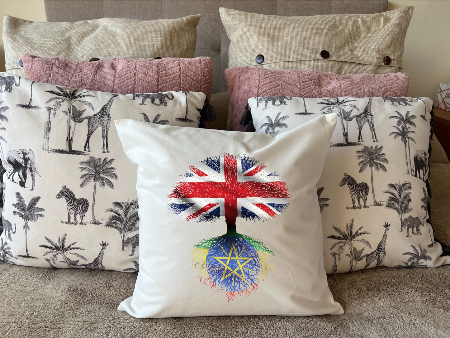 Ethiopia roots / United Kingdom Tree - plush white deluxe 'soft feel' scatter cushion. ( 40x40cm )