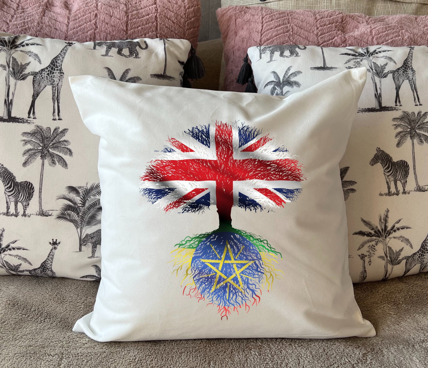 Ethiopia roots / United Kingdom Tree - plush white deluxe 'soft feel' scatter cushion. ( 40x40cm )