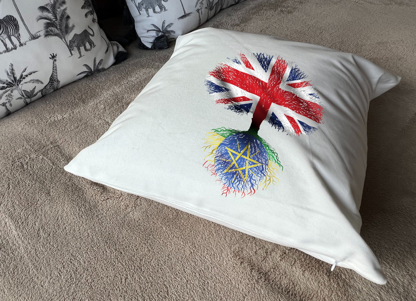 Ethiopia roots / United Kingdom Tree - plush white deluxe 'soft feel' scatter cushion. ( 40x40cm )