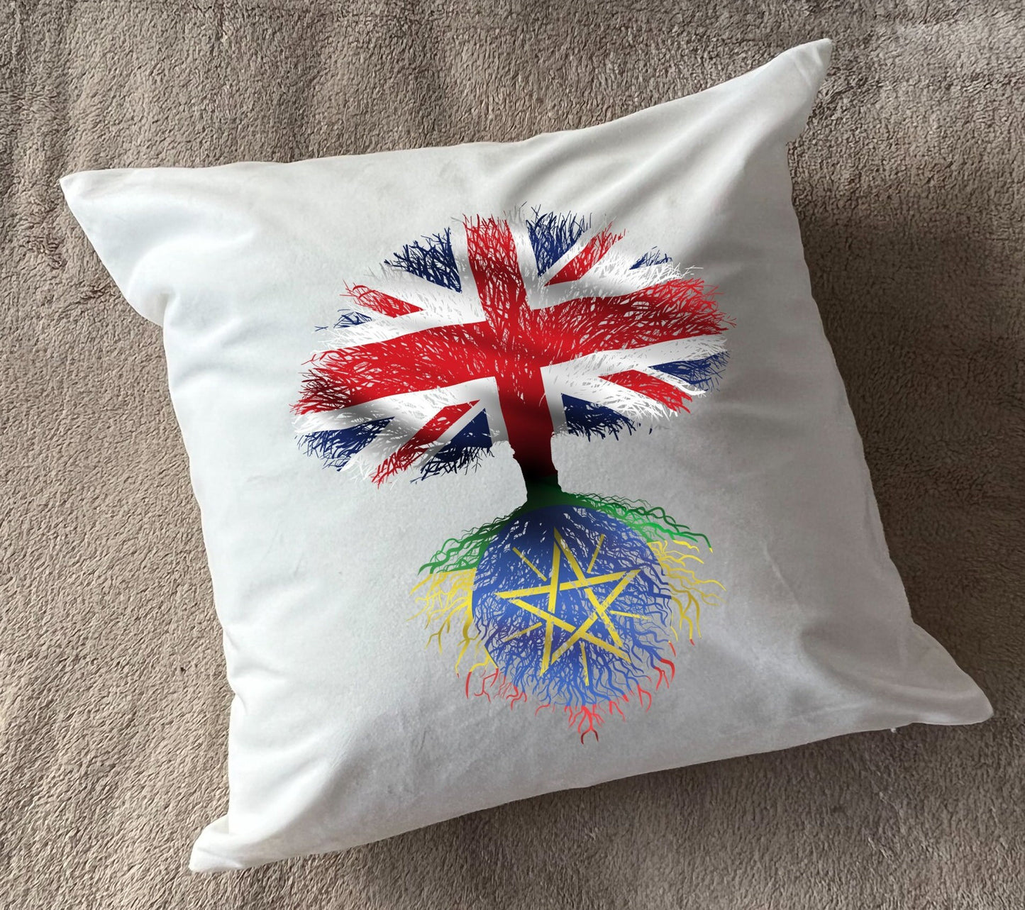 Ethiopia roots / United Kingdom Tree - plush white deluxe 'soft feel' scatter cushion. ( 40x40cm )