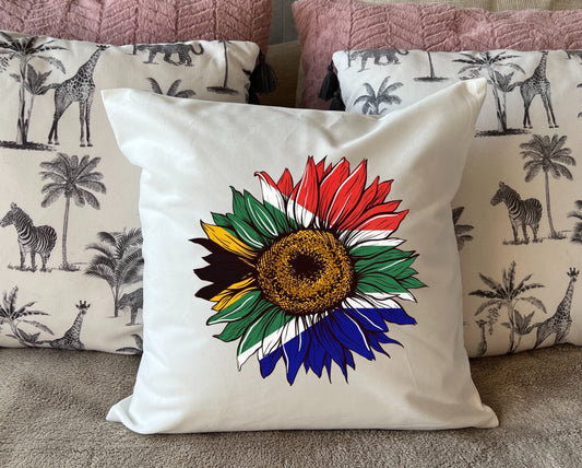 South African flag sunflower plush white deluxe 'soft feel' scatter cushion. ( 40x40cm ) Flag Art.