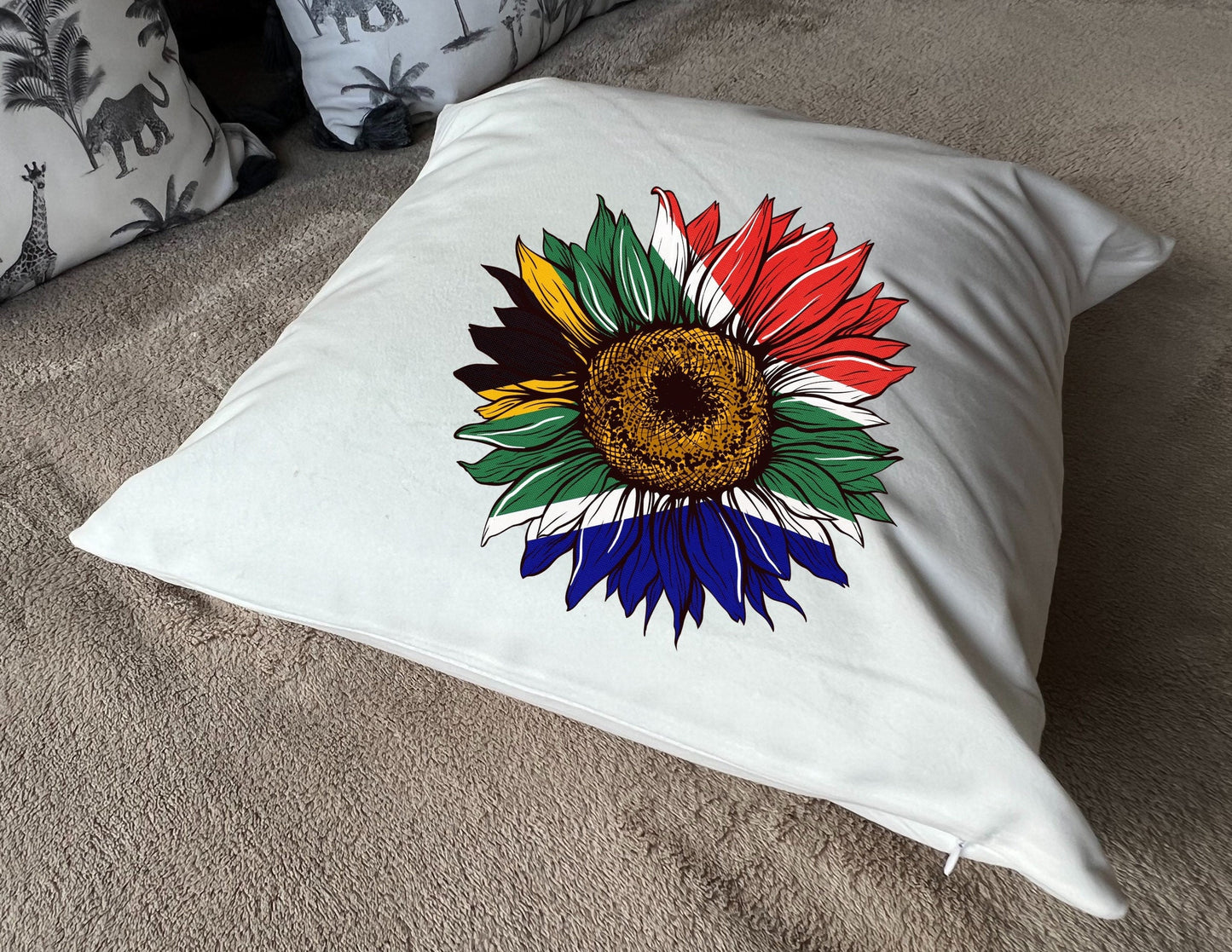 South African flag sunflower plush white deluxe 'soft feel' scatter cushion. ( 40x40cm ) Flag Art.