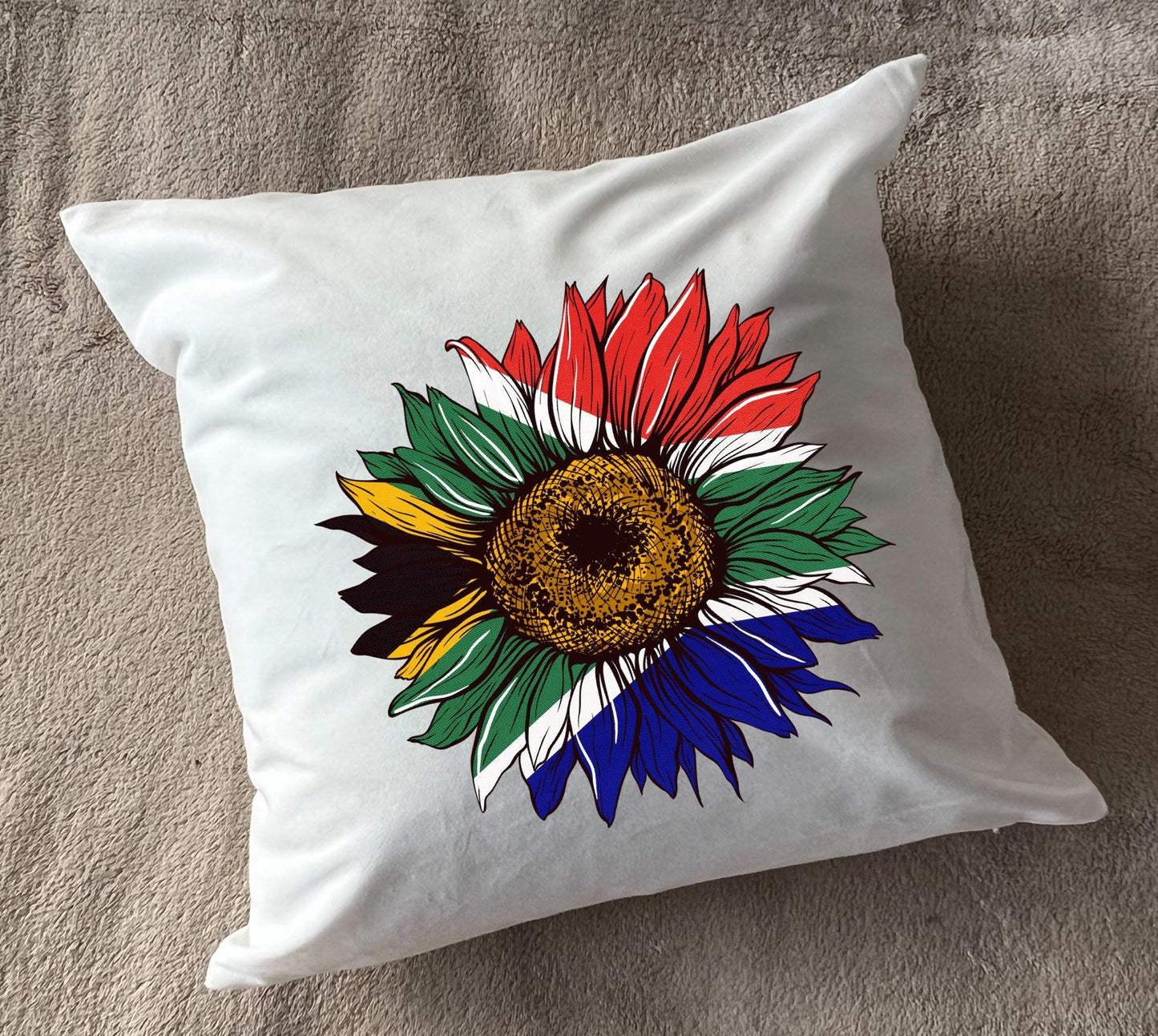 South African flag sunflower plush white deluxe 'soft feel' scatter cushion. ( 40x40cm ) Flag Art.