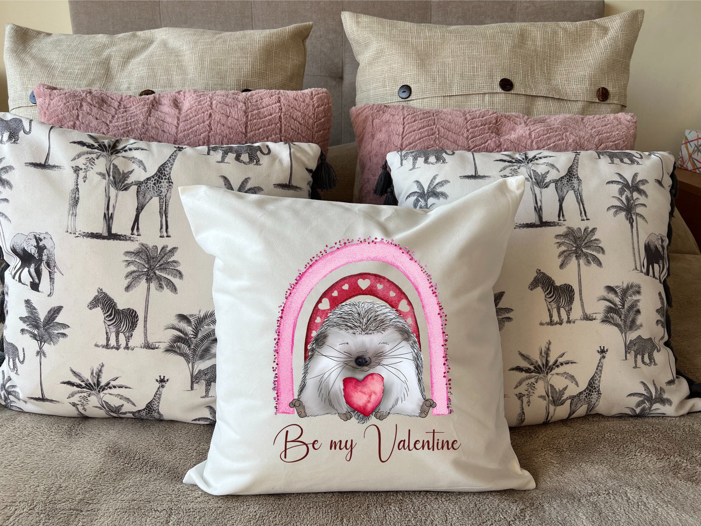 Hand Printed 'Be my Valentine' Hedgehog plush white deluxe 'soft feel' scatter cushion. ( 40x40cm )
