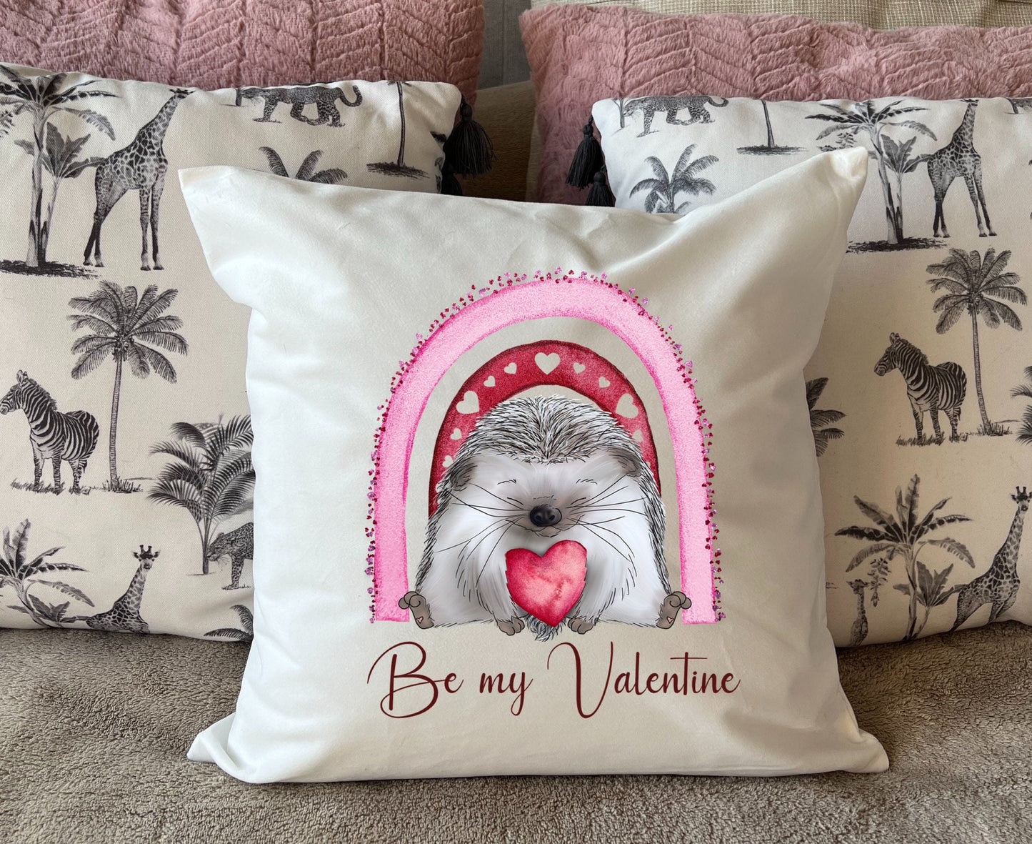Hand Printed 'Be my Valentine' Hedgehog plush white deluxe 'soft feel' scatter cushion. ( 40x40cm )