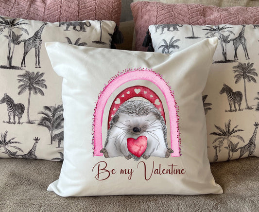 Hand Printed 'Be my Valentine' Hedgehog plush white deluxe 'soft feel' scatter cushion. ( 40x40cm )