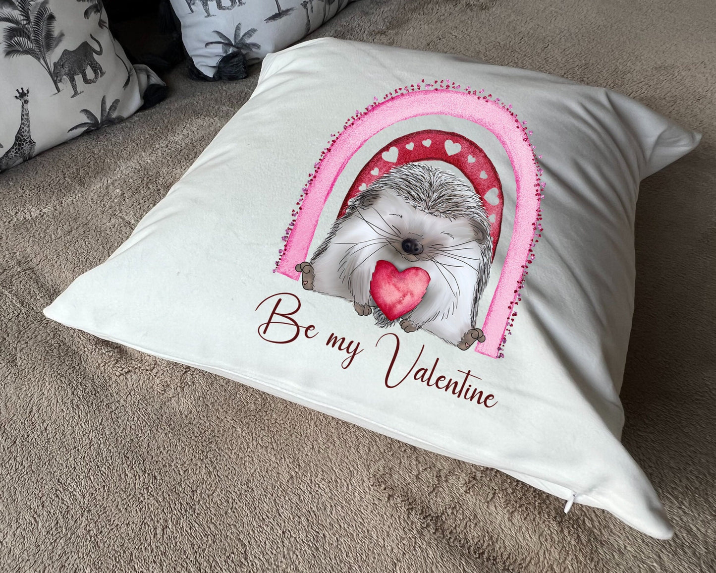 Hand Printed 'Be my Valentine' Hedgehog plush white deluxe 'soft feel' scatter cushion. ( 40x40cm )