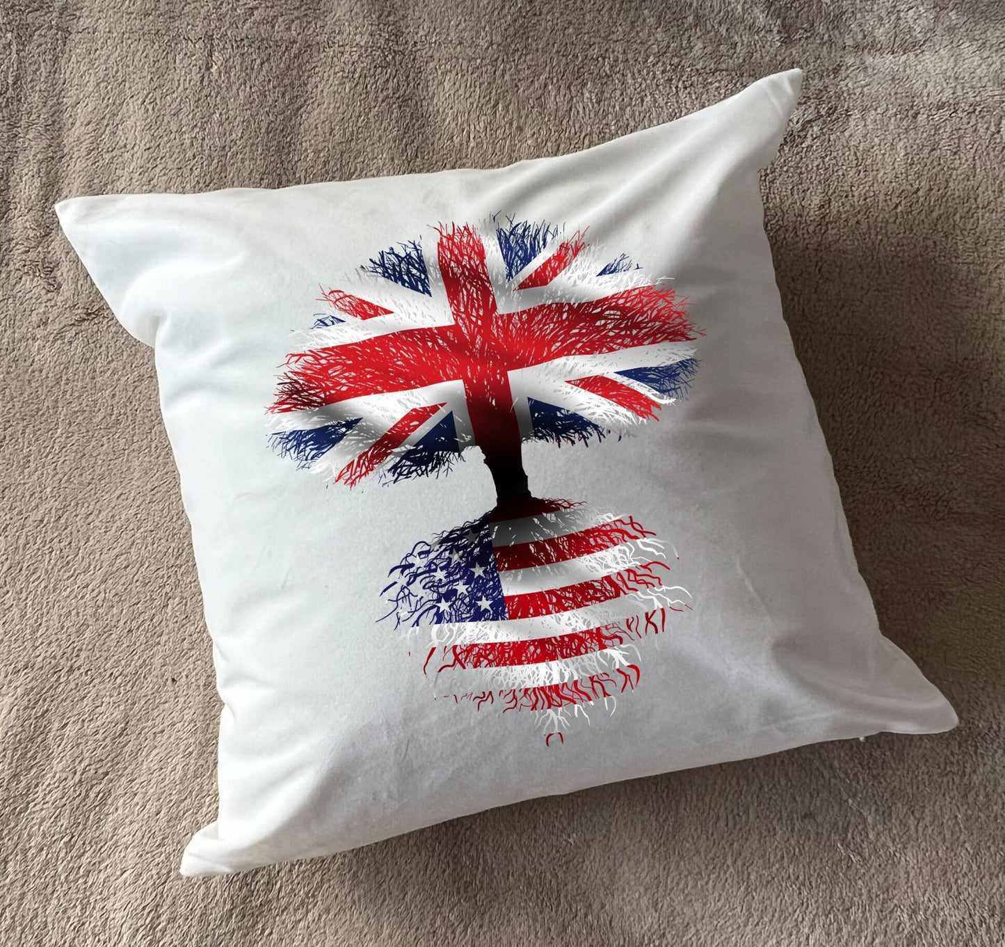 United States of America roots / United Kingdom Tree - Plush white deluxe 'soft feel' scatter cushion. ( 40x40cm ) Flag Art.