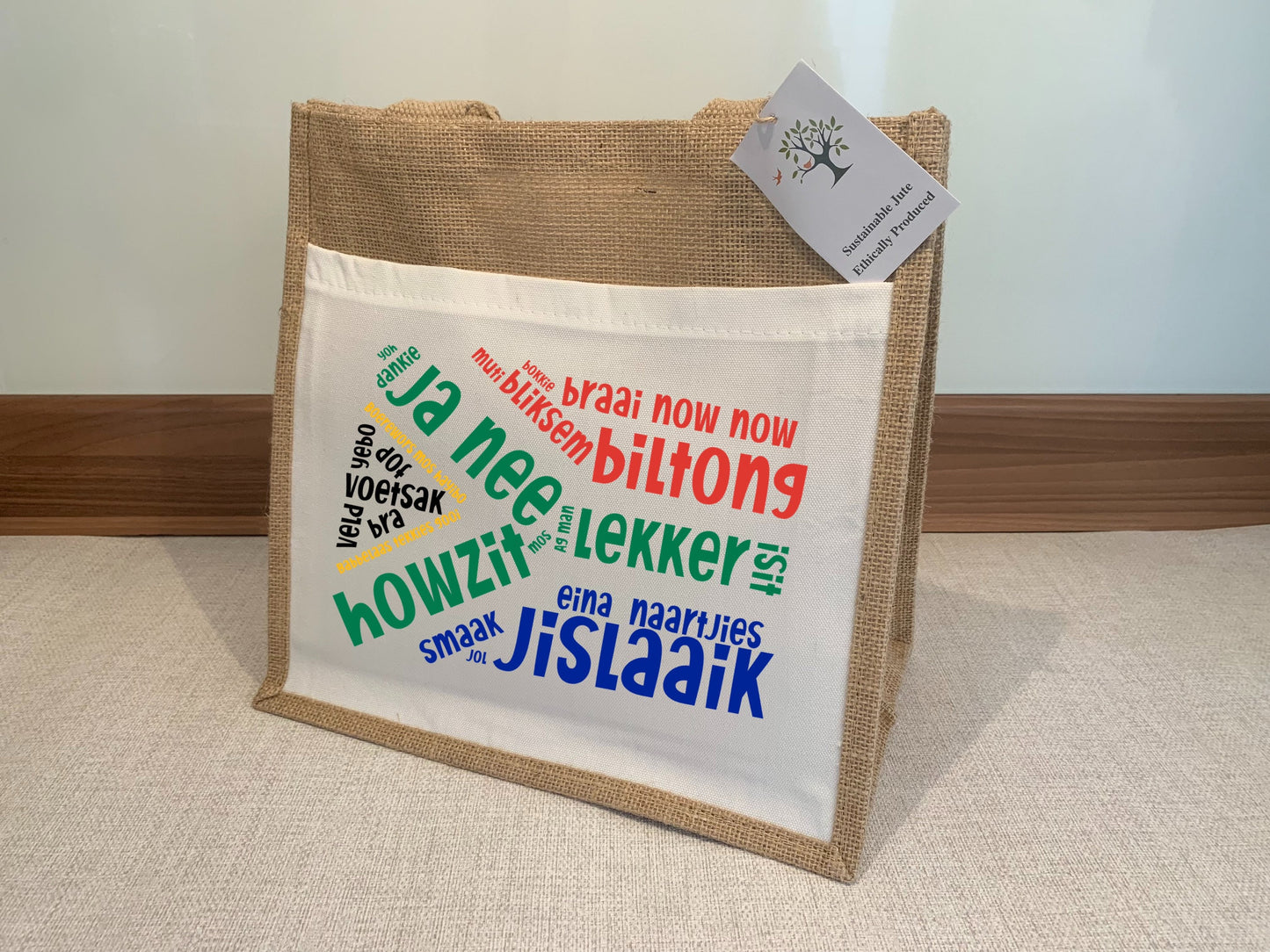 South African Flag Slang sayings Afrikaans Jute Bag with fabric pocket. Eco-friendly Hessian Burlap Tote Reusable Gift for him Fathers Day