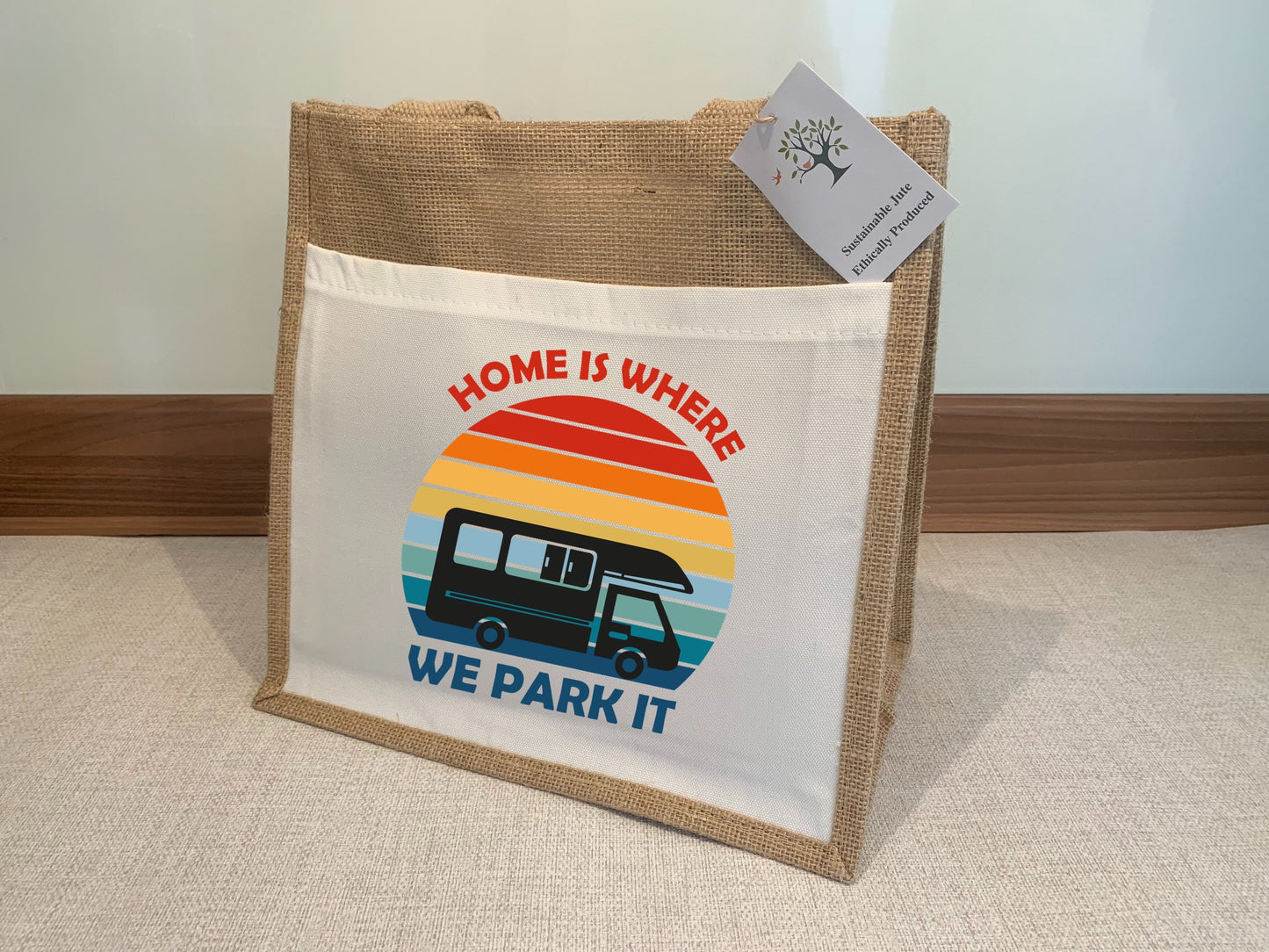 Motorhome Caravan Home is where we park it Jute Bag with fabric pocket. Eco-friendly Hessian Burlap Tote Reusable