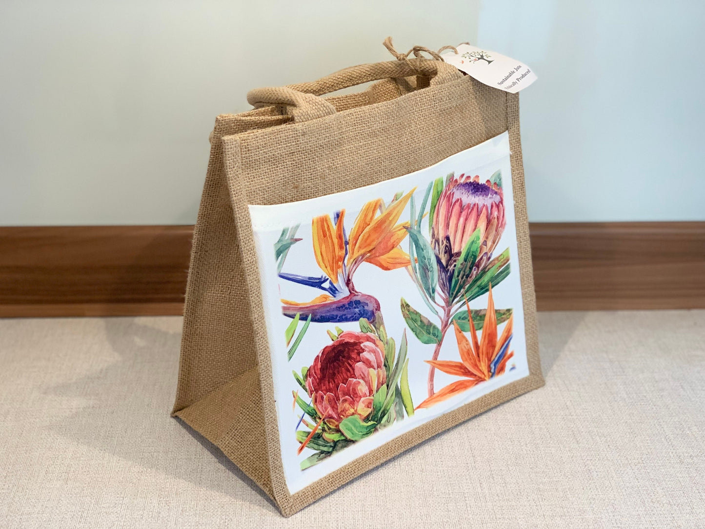 Protea and Strelitzia Jute Bag with fabric pocket. Eco-friendly Hessian Burlap Tote Reusable