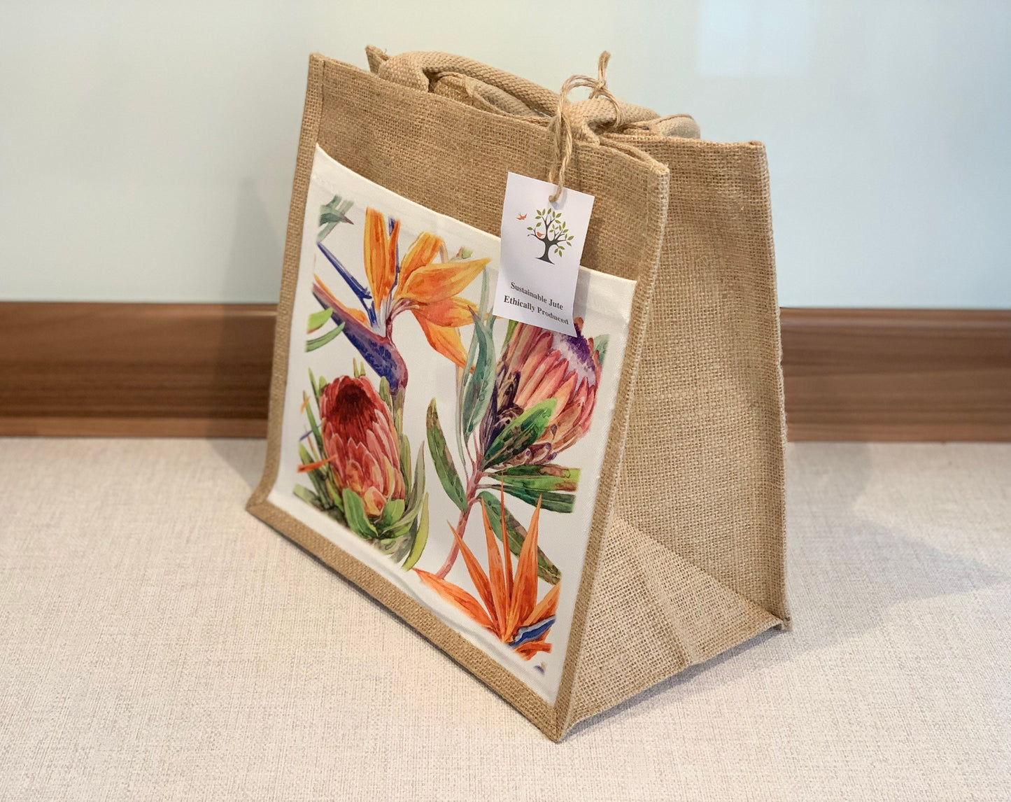 Protea and Strelitzia Jute Bag with fabric pocket. Eco-friendly Hessian Burlap Tote Reusable