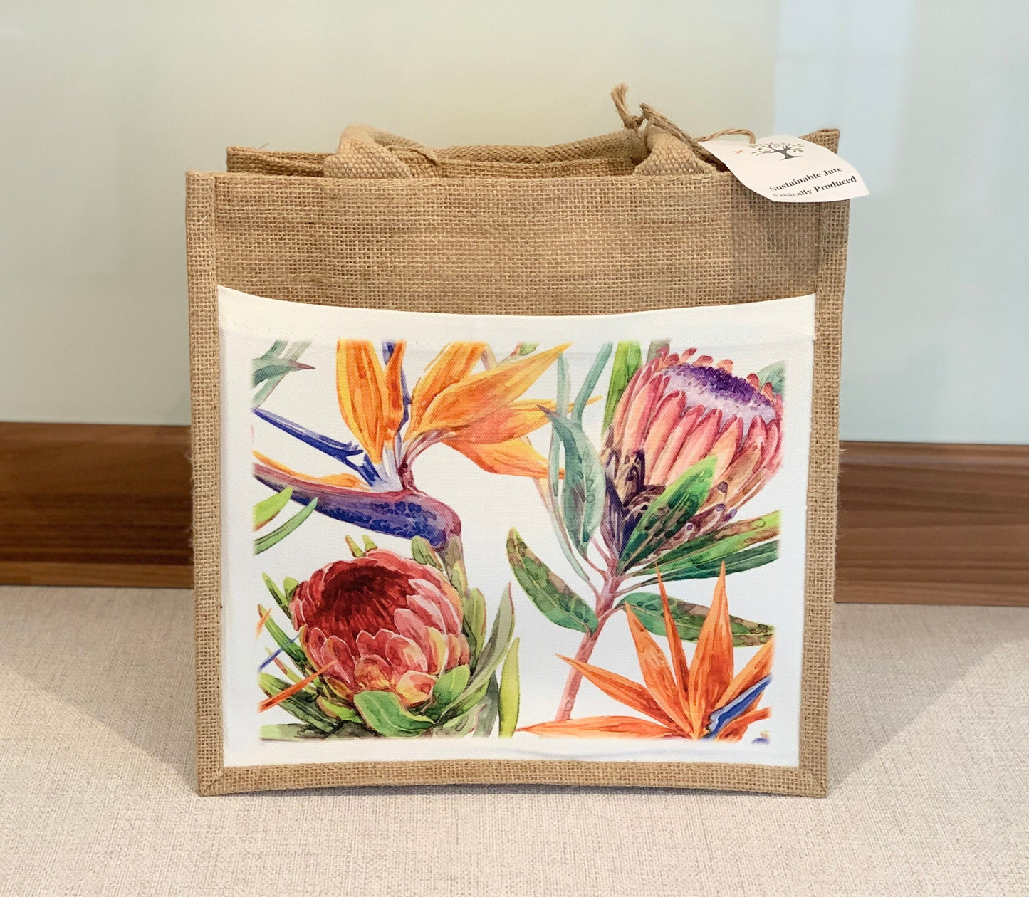 Protea and Strelitzia Jute Bag with fabric pocket. Eco-friendly Hessian Burlap Tote Reusable