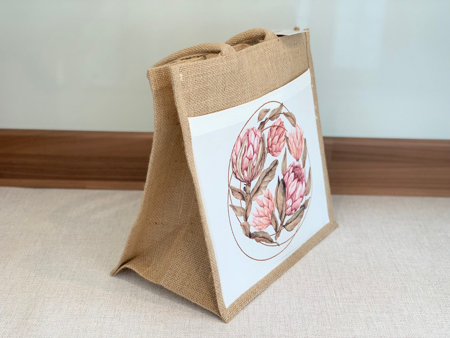 Protea Gold Circle Jute Bag with fabric pocket. Eco-friendly Hessian Burlap Tote Reusable