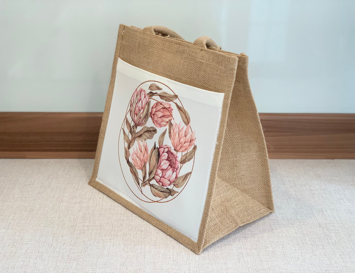 Protea Gold Circle Jute Bag with fabric pocket. Eco-friendly Hessian Burlap Tote Reusable