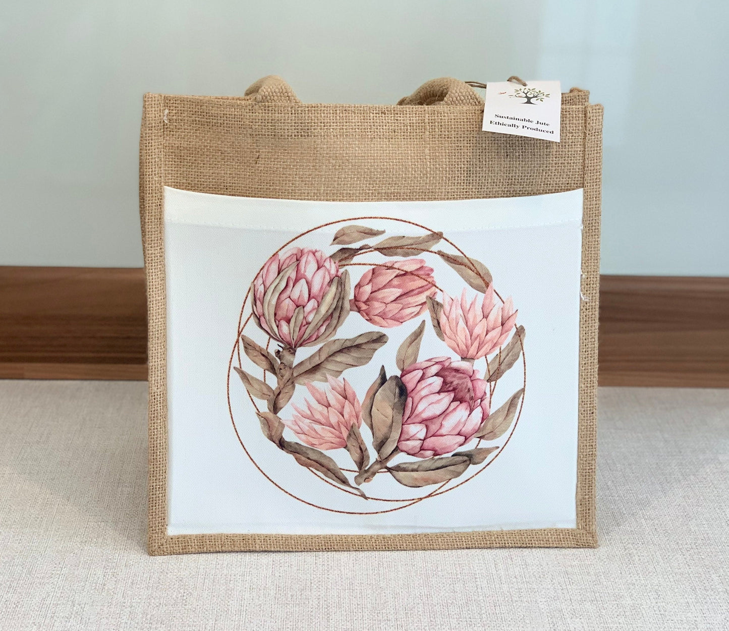 Protea Gold Circle Jute Bag with fabric pocket. Eco-friendly Hessian Burlap Tote Reusable