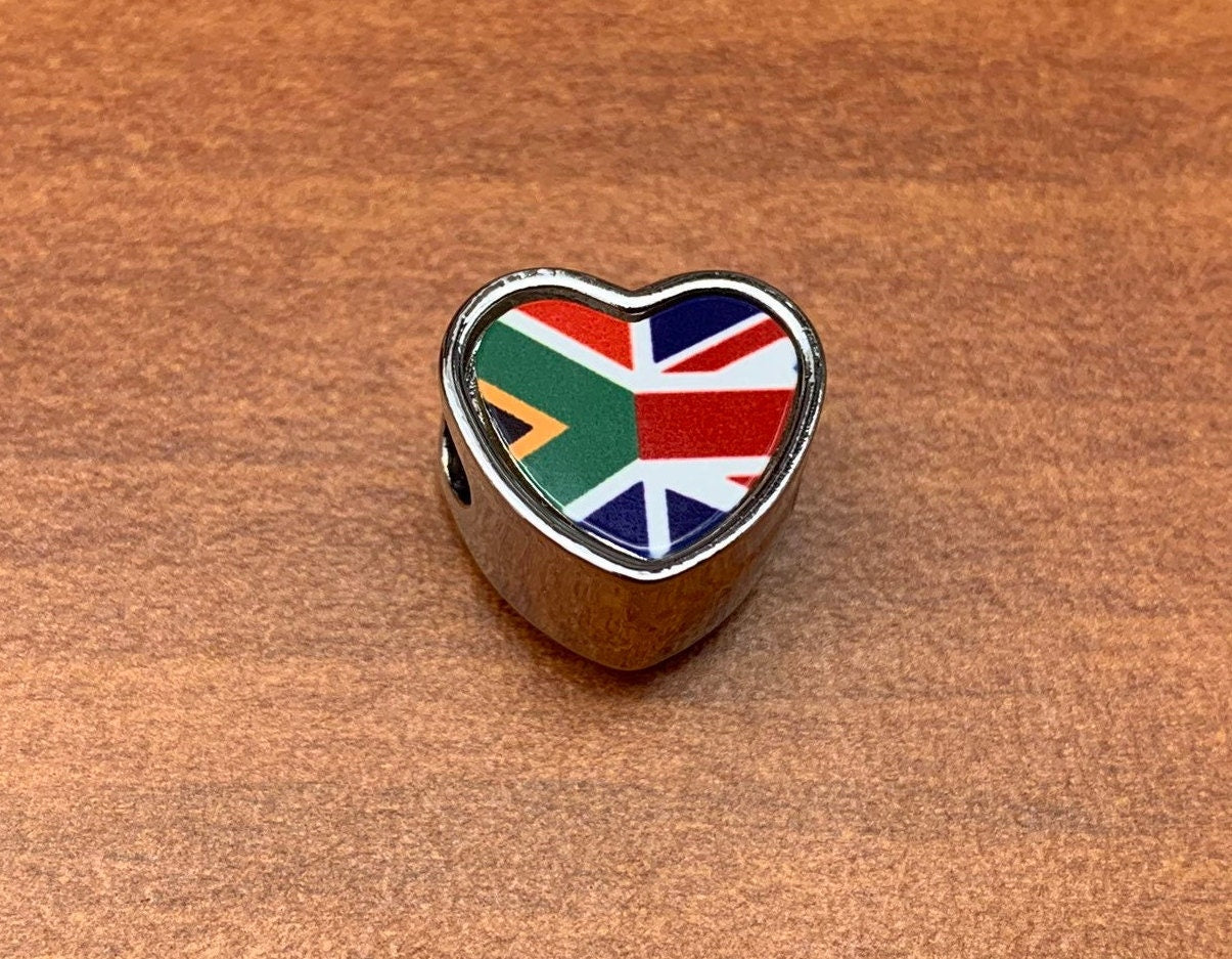 South Africa United Kingdom Union Jack blended Flag heart bracelet charm bead Personalised charm Add on charm Large hole bead Valentine’s