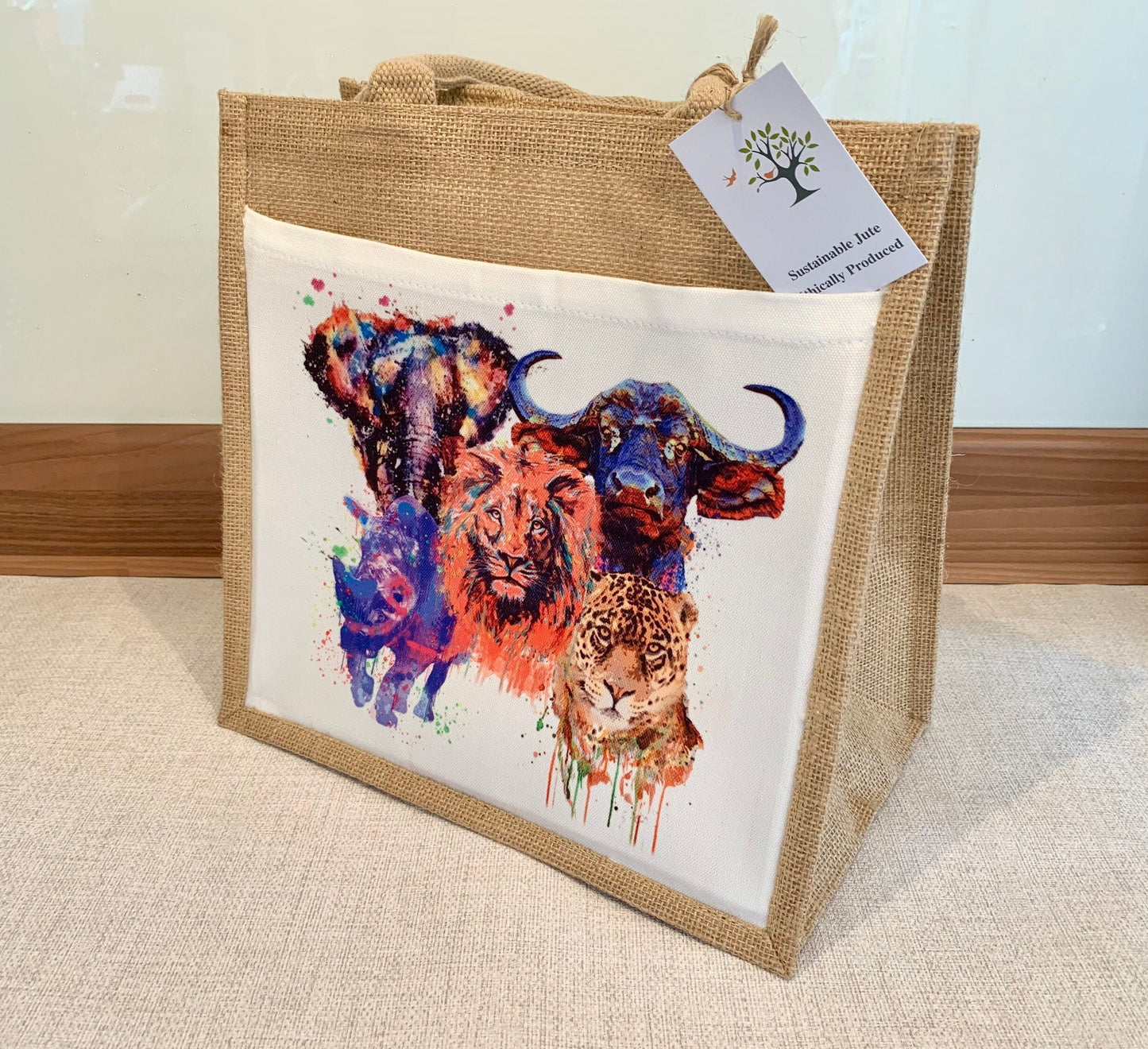 South African Big Five Jute Bag with fabric pocket. Elephant Lion Leopard Buffalo Rhinoceros Eco-friendly Hessian Burlap Tote Reusable