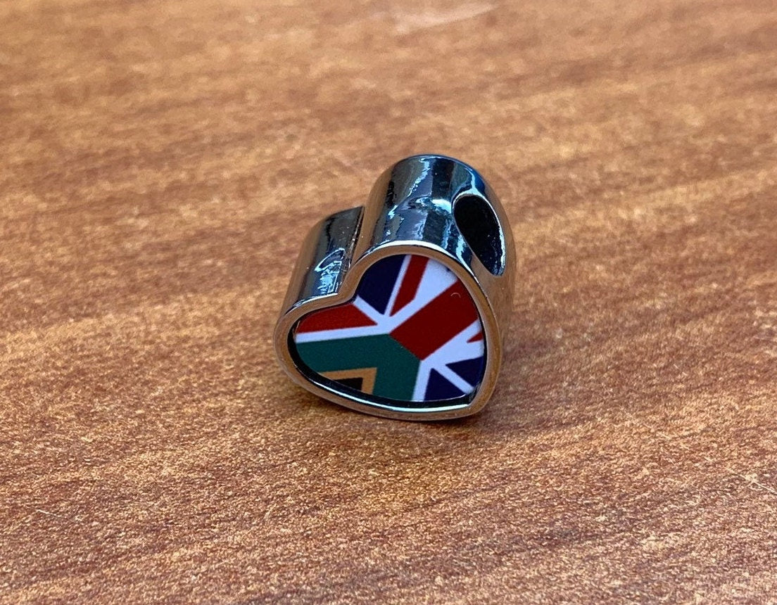 South Africa United Kingdom Union Jack blended Flag heart bracelet charm bead Personalised charm Add on charm Large hole bead Valentine’s