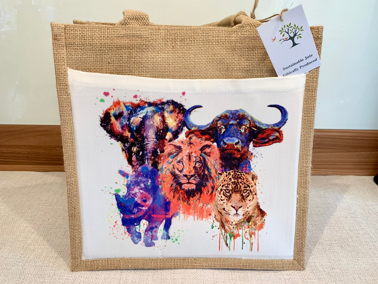 South African Big Five Jute Bag with fabric pocket. Elephant Lion Leopard Buffalo Rhinoceros Eco-friendly Hessian Burlap Tote Reusable