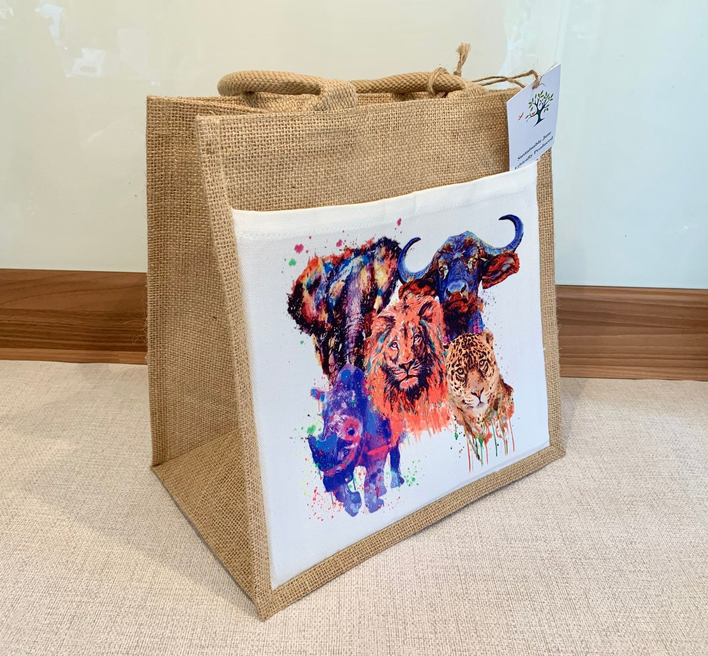 South African Big Five Jute Bag with fabric pocket. Elephant Lion Leopard Buffalo Rhinoceros Eco-friendly Hessian Burlap Tote Reusable