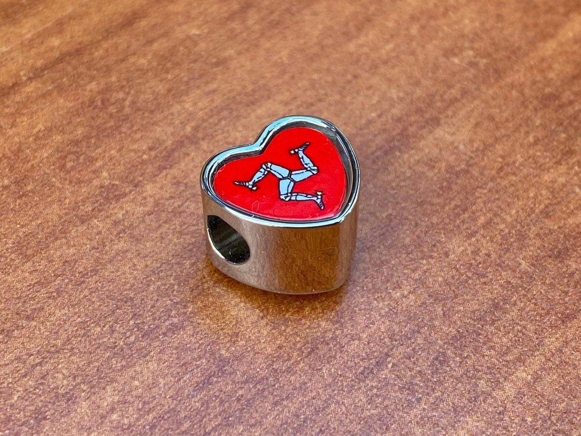 Isle of Man Manx flag heart shaped bracelet charm bead Personalised charm Add on charm Large hole bead Valentine’s Gift for mom mum