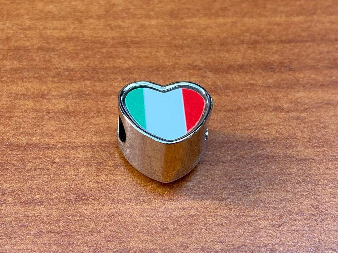 Italy Italian heart shaped bracelet charm bead Personalised flag Add on charm Large hole bead Valentine’s gift for mom mum