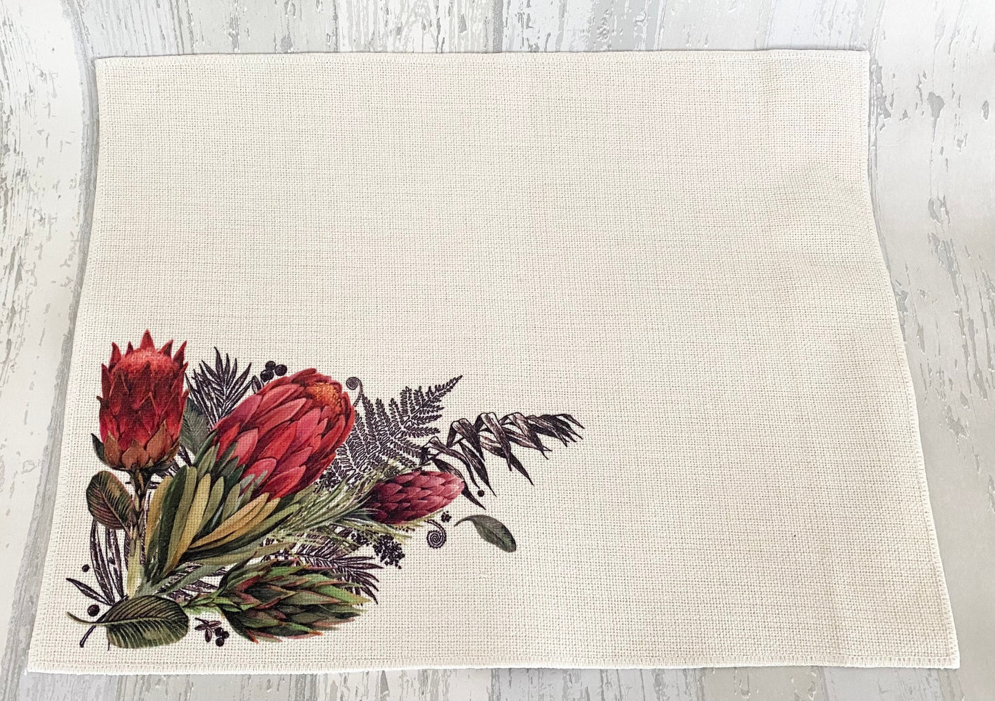 Protea placemat, cream linen placemat, table linen King Protea design beautiful South African inspired design. ( 40x30cm )