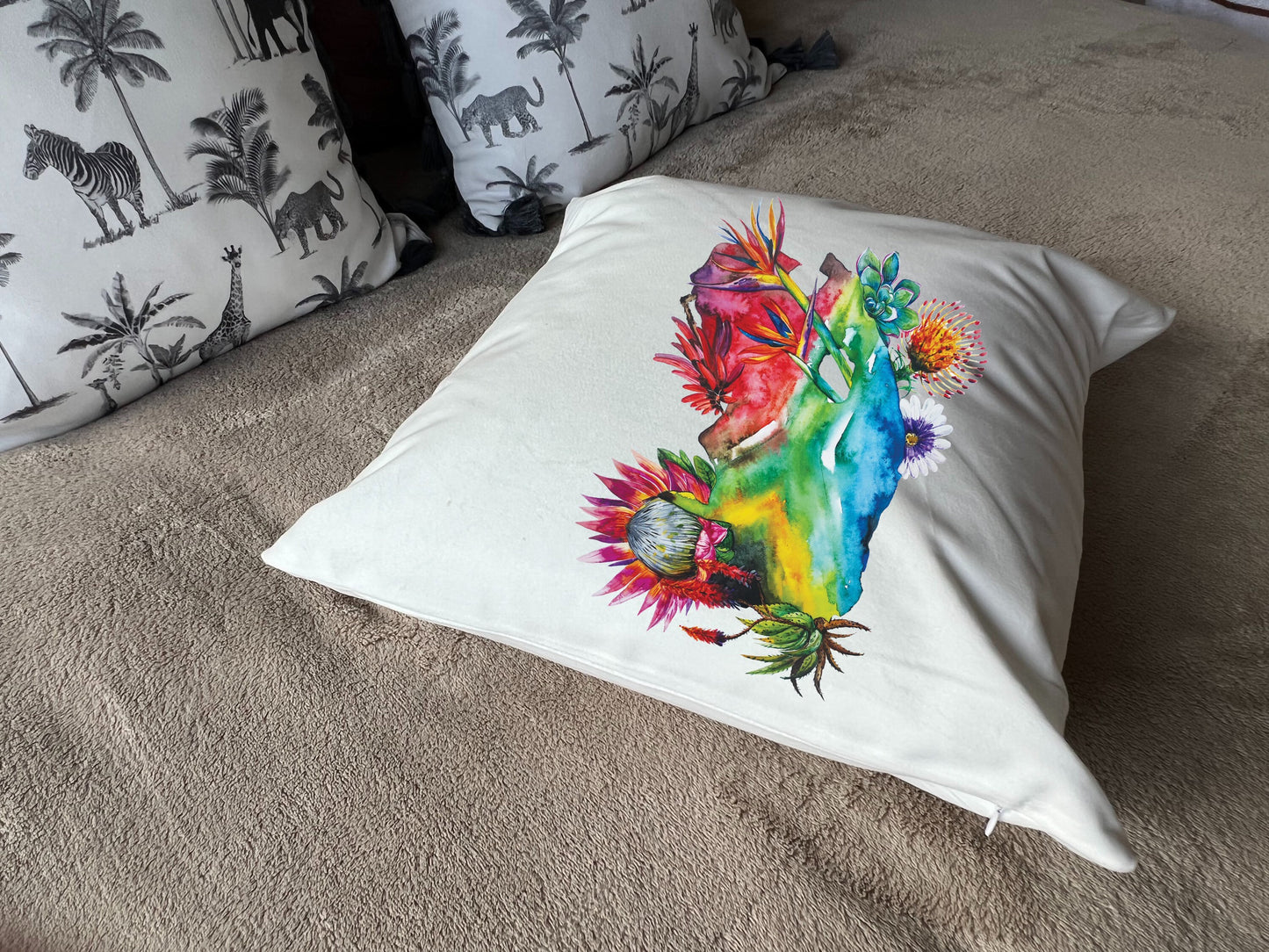 South Africa Flag Map Protea Floral Watercolour Design - Cushion Plush white deluxe 'soft feel' scatter cushion. ( 40x40cm ) Flag Art.