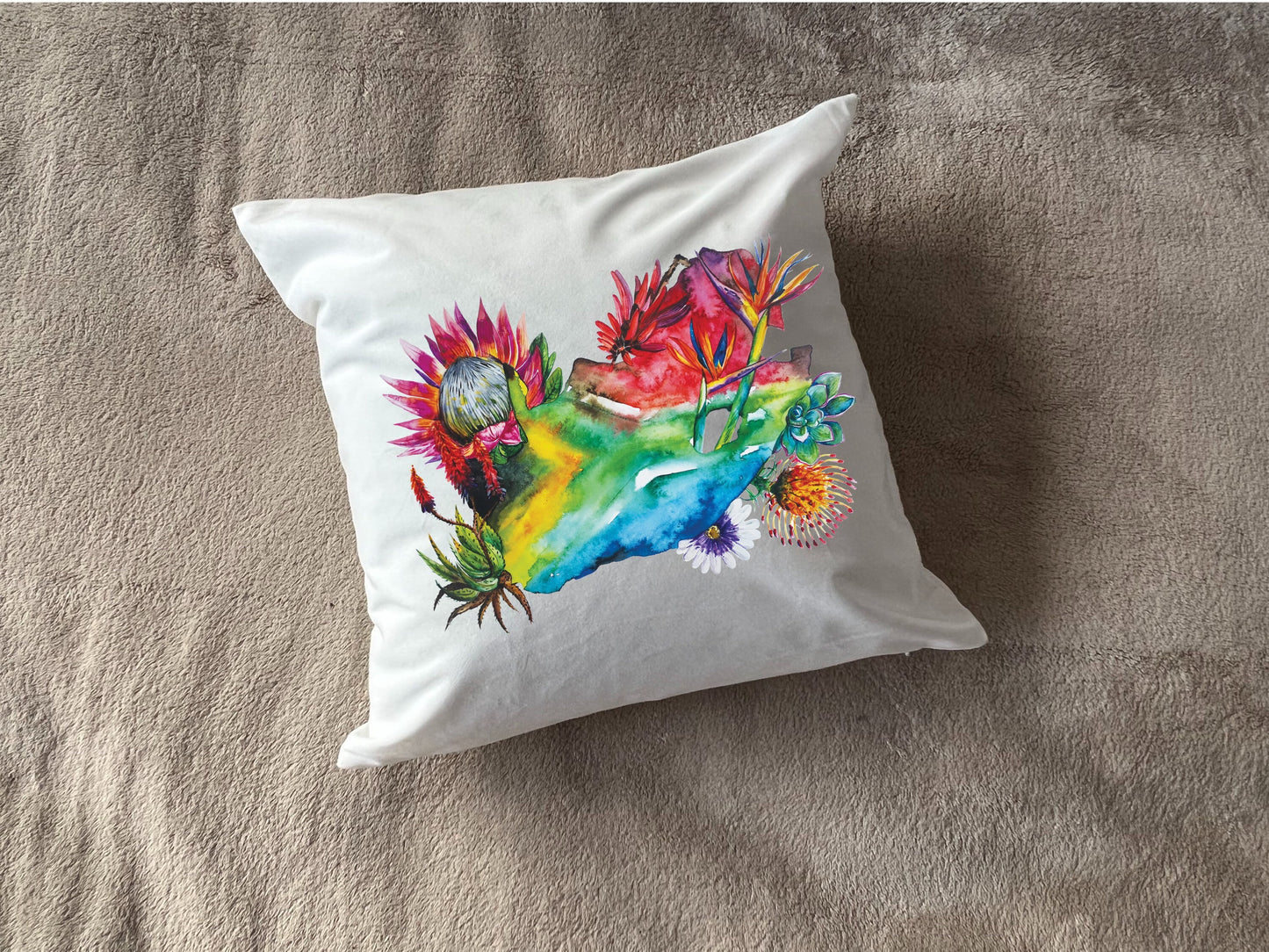 South Africa Flag Map Protea Floral Watercolour Design - Cushion Plush white deluxe 'soft feel' scatter cushion. ( 40x40cm ) Flag Art.