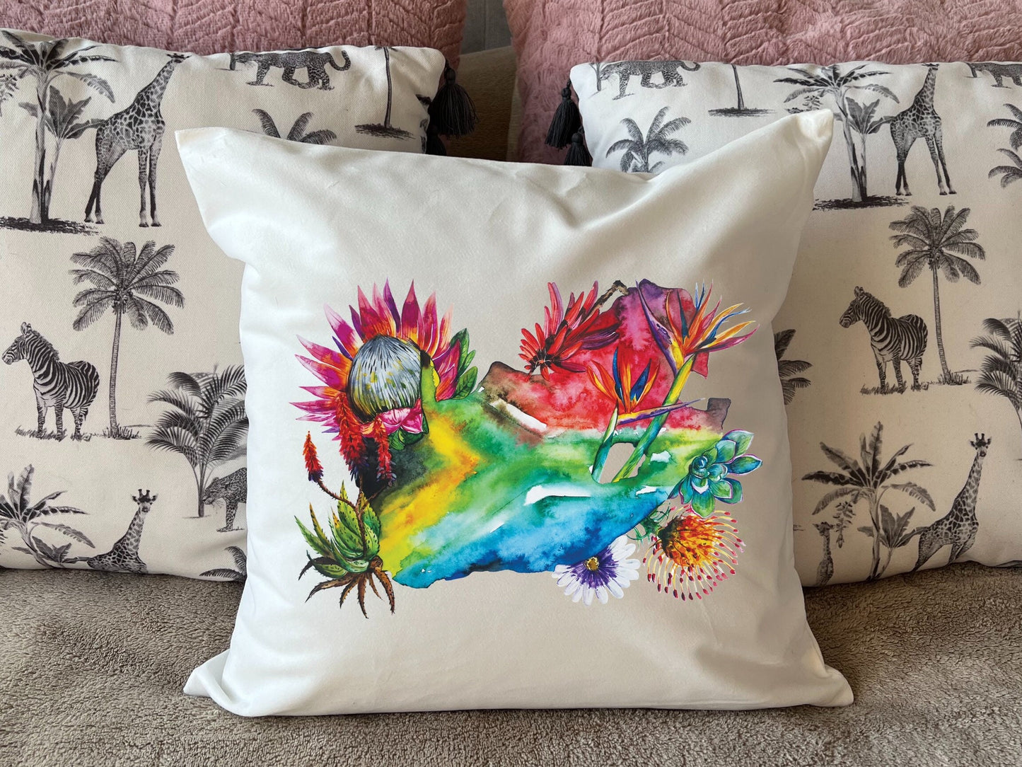 South Africa Flag Map Protea Floral Watercolour Design - Cushion Plush white deluxe 'soft feel' scatter cushion. ( 40x40cm ) Flag Art.