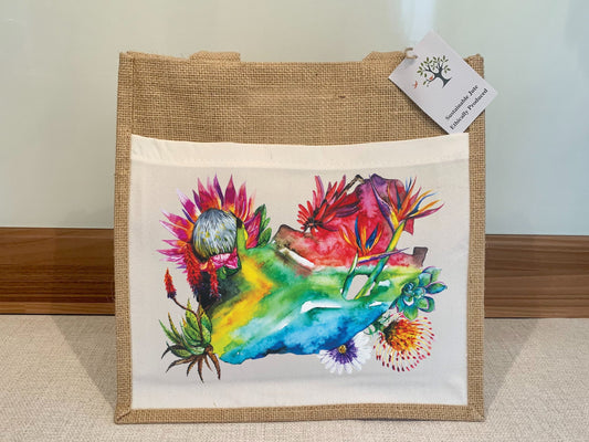 South Africa Flag Map Protea  Floral Watercolour Design Jute Bag with fabric pocket. Eco-friendly Hessian Burlap Tote Reusable. Flag Art.