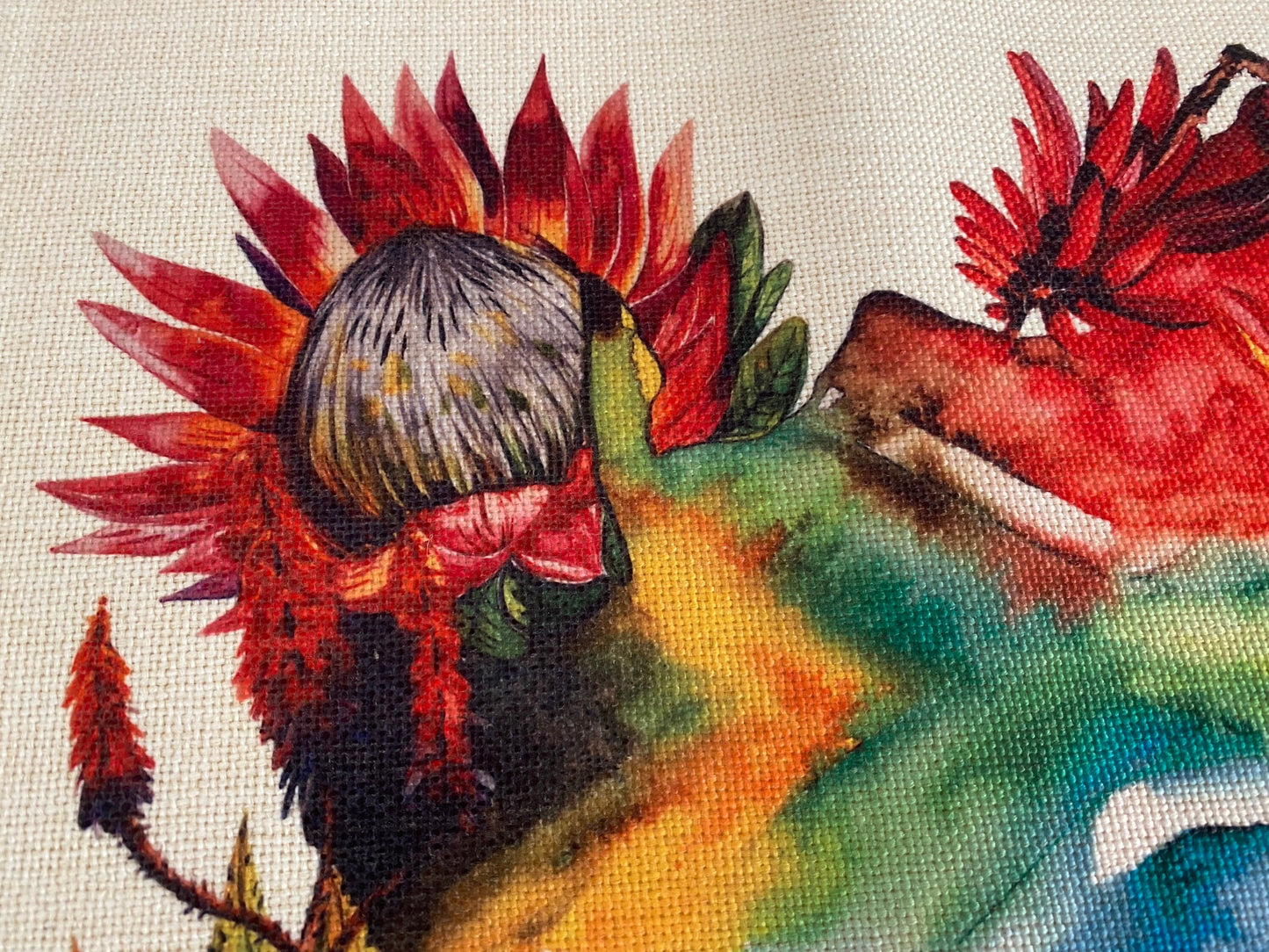 Floral Map of South Africa design with Protea Fynbos Strelitzia Red Hot Poker succulents placemat, cream linen placemat table mat. Flag Art