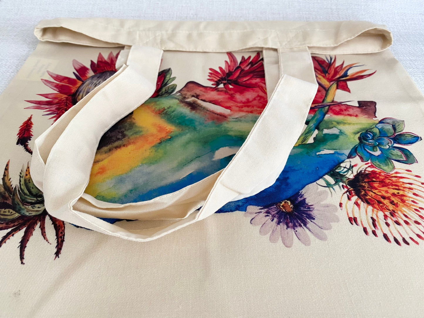 Floral map of South Africa watercolour design Protea Fynbos Floral natural tote bag. Flag Art.