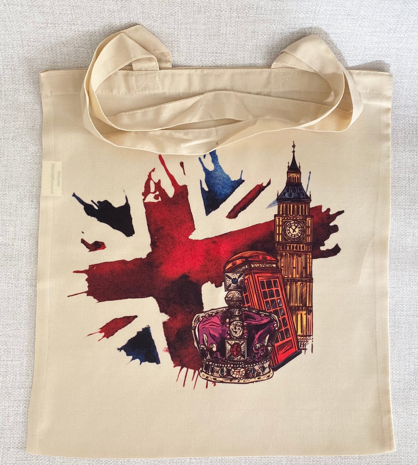 London Highlights natural tote bag. Gift from London Britain. London Souvenir. Big Ben Union Jack.