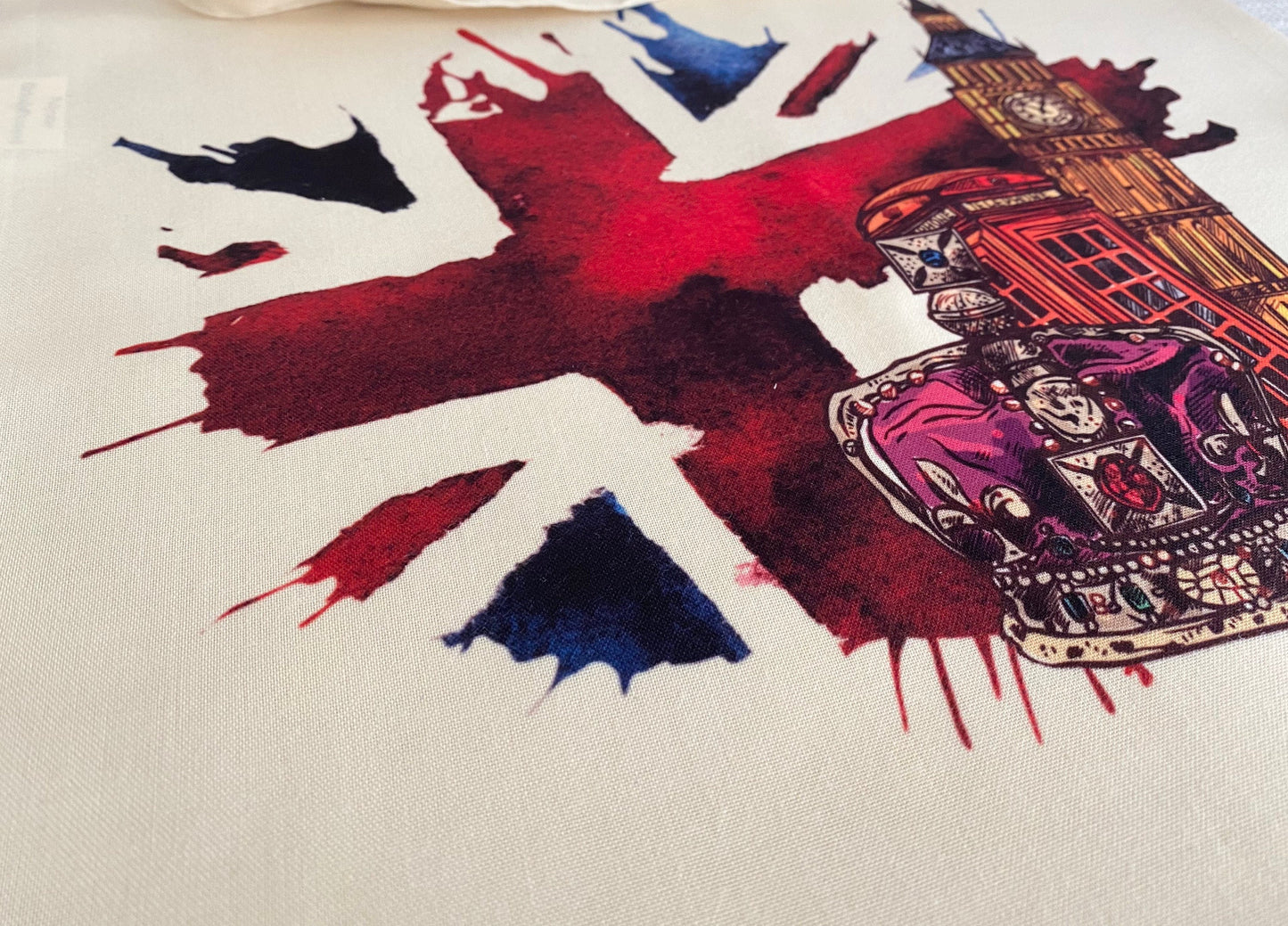 London Highlights natural tote bag. Gift from London Britain. London Souvenir. Big Ben Union Jack.