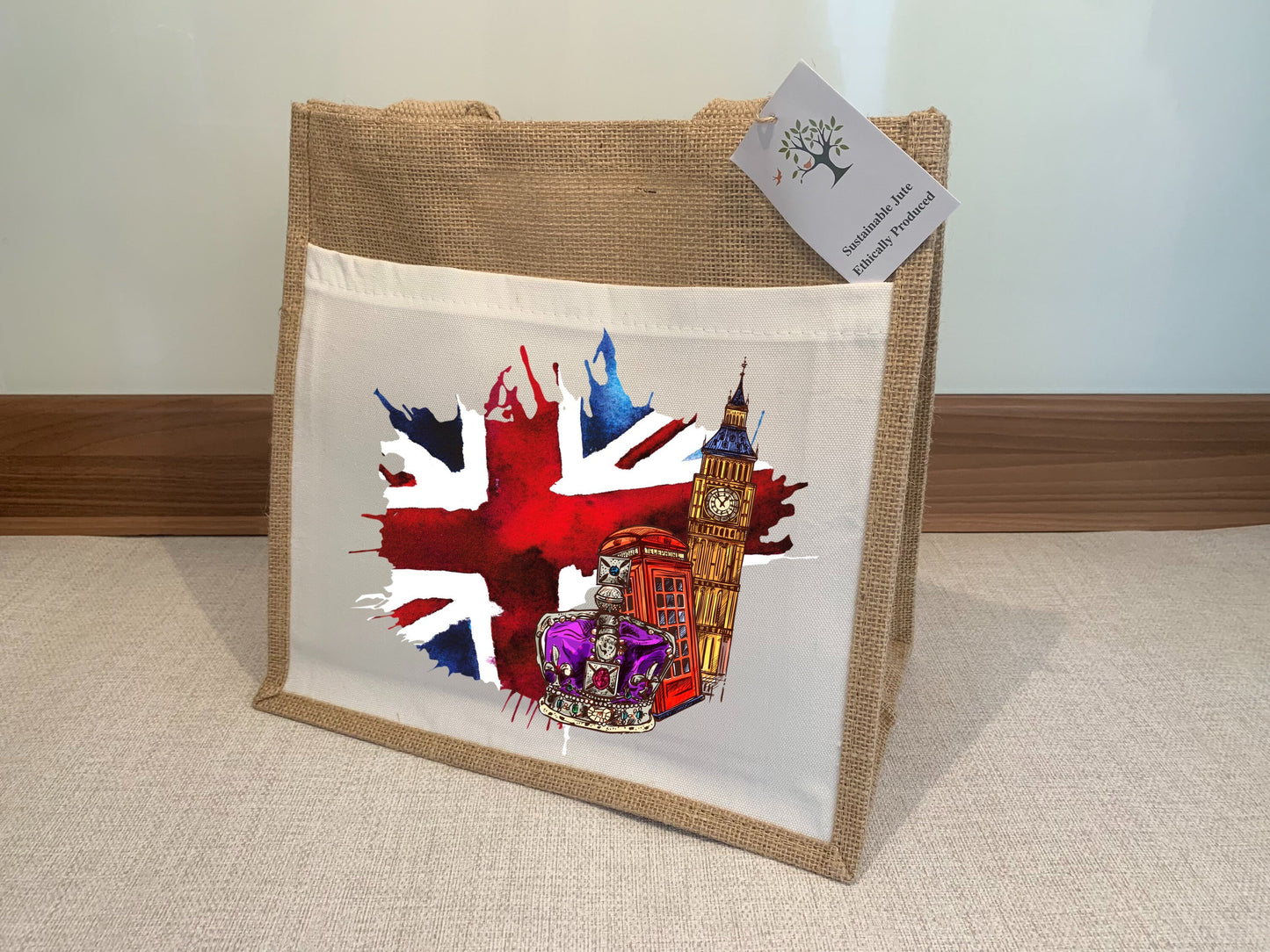 London Jute Bag with fabric pocket. Eco-friendly Hessian Burlap Tote Reusable Landmarks of London Britain. Union Jack. Gift from London.