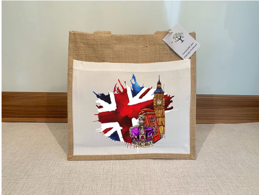 London Jute Bag with fabric pocket. Eco-friendly Hessian Burlap Tote Reusable Landmarks of London Britain. Union Jack. Gift from London.