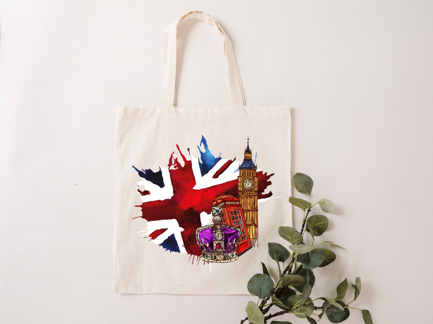 London Highlights natural tote bag. Gift from London Britain. London Souvenir. Big Ben Union Jack.