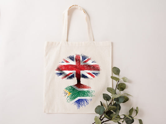 Fabric bag South African roots United Kingdom Union Jack natural fabric tote bag. Flag Art.