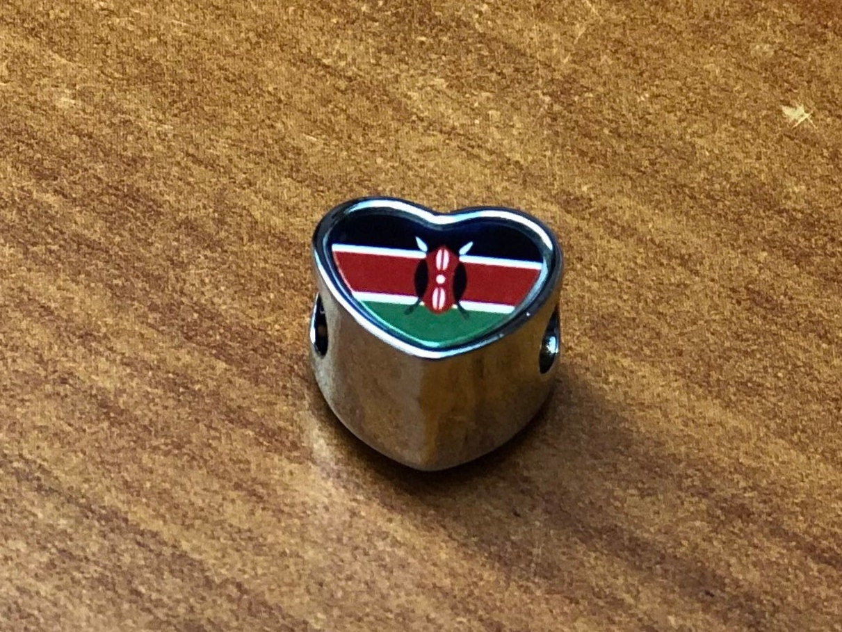 Kenyan Kenya Flag bracelet charm bead heart shaped. Personalised Charm Add on charm Large hole bead Valentine’s gift for mum mom