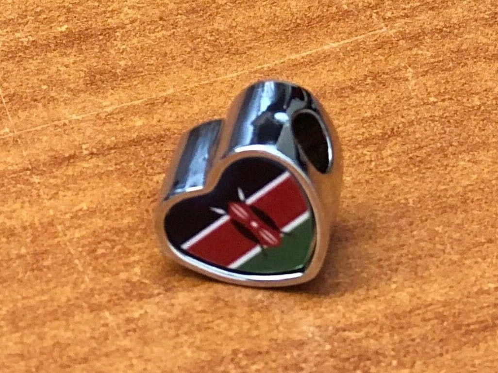 Kenyan Kenya Flag bracelet charm bead heart shaped. Personalised Charm Add on charm Large hole bead Valentine’s gift for mum mom