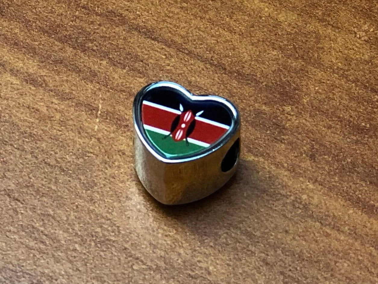 Kenyan Kenya Flag bracelet charm bead heart shaped. Personalised Charm Add on charm Large hole bead Valentine’s gift for mum mom