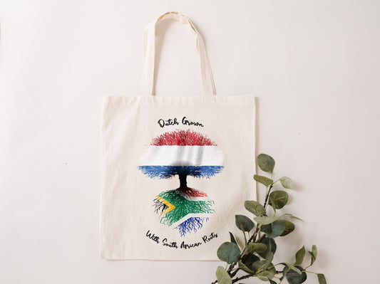 Fabric bag South African Flag The Netherlands 'Dutch Grown with South African Roots' natural fabric tote bag.